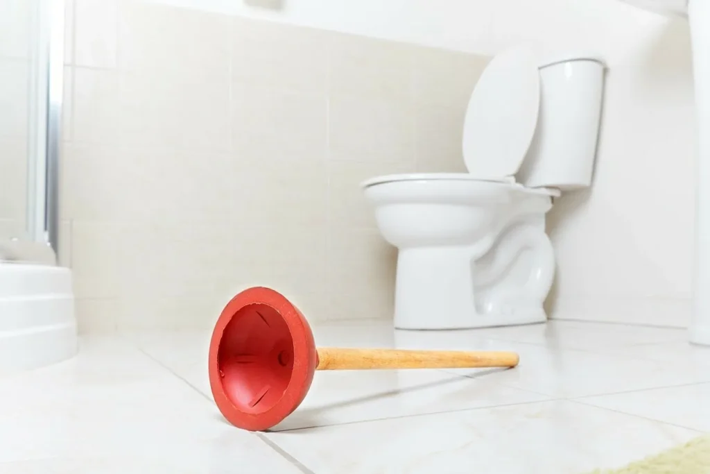 Red plunger on a bathroom floor in front of a toilet