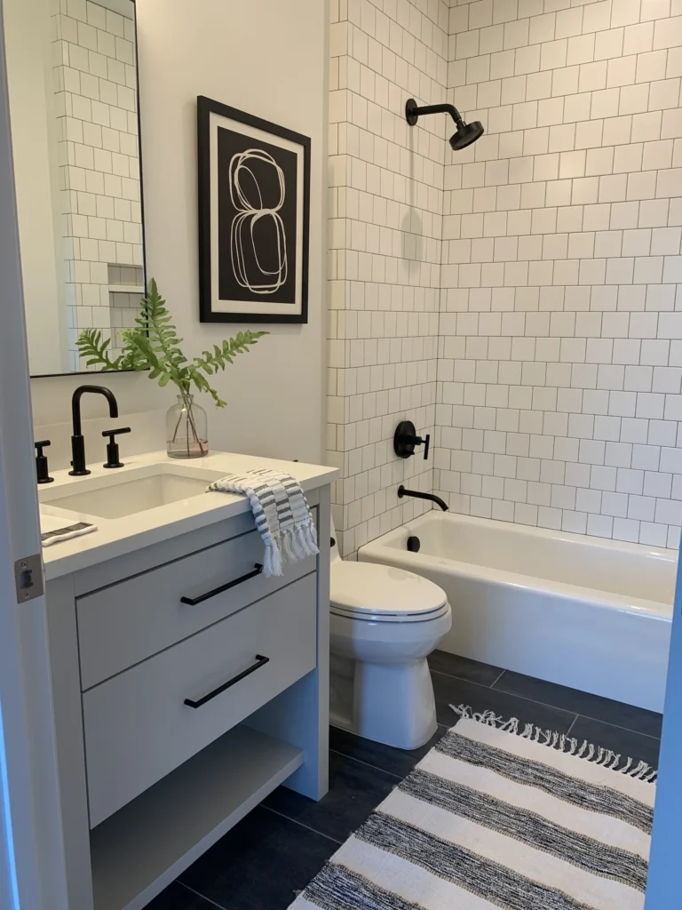 Finished bathroom with grey vanity, white countertop, black tiled floors and bathtub with white subway tile shower walls