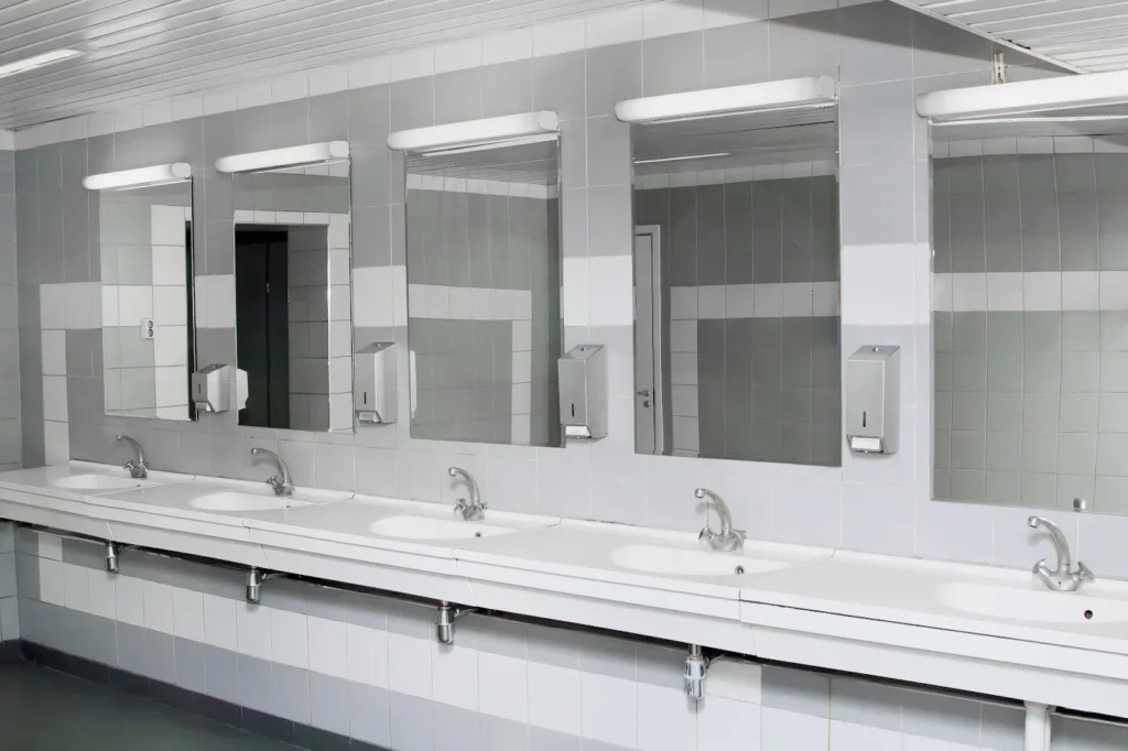 Commercial bathroom with 5 sinks and 5 mirrors