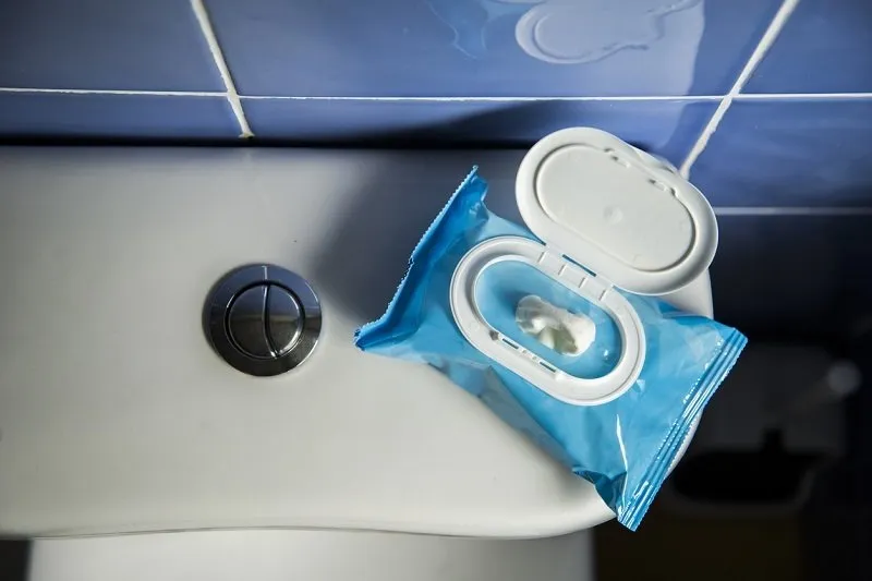 Bag of flushable wipes on top of white toilet tank