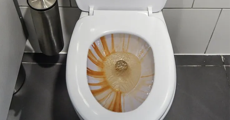 Overhead picture of an open toilet bowl with rust stains inside