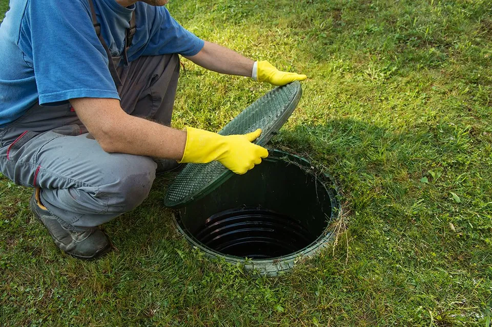 Plumber with yellow gloves on lifting up a septic tank lid